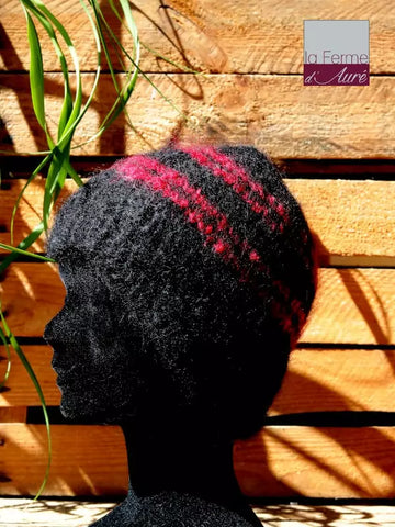 EMERO - Bonnet laine Mohair Noir rayé Rouge – Tricot main - Origine : France