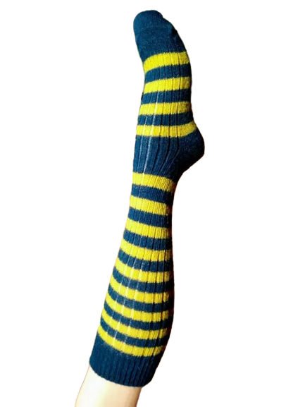 EMERO - Chaussettes Hautes Chaudes - Laine et Mohair - Canard / Absinthe Rayées - Origine : Hérault (France)