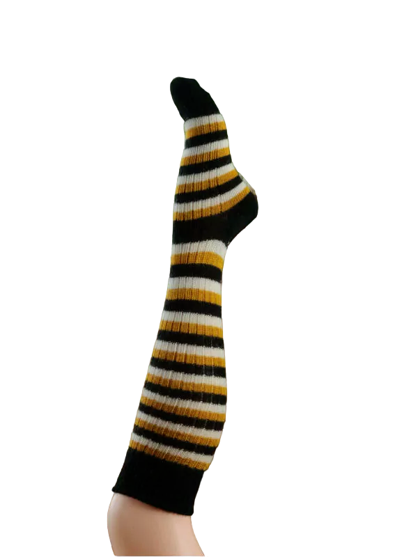 EMERO - Chaussettes Hautes Chaudes - Laine et Mohair - Blanc /Noir / Jaune / Rayées Origine : Hérault (France)